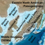 Paleogeographic reconstruction of the Appalachian Basin area during the Middle Devonian period. Eastern North American Paleogeograpy Middle Devonian.png