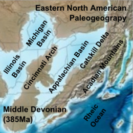 Paleogeographic reconstruction showing the Appalachian Basin area during the Middle Devonian period Eastern North American Paleogeograpy Middle Devonian.png