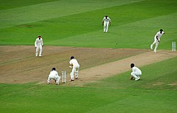 Jasprit Bumrah (fourth from left) fielding during India vs England, at Trent Bridge (August 2018) England v India, Trent Bridge (44180102251).jpg