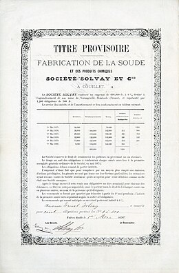 Globaal certificaat voor 100 obligaties nr. 1-100 van Société Solvay & Cie. à 500 frank per stuk, uitgegeven op 1 mei 1874 aan Ernest Solvay en door hem persoonlijk ondertekend als directeur. De obligatie met een rente van 6% en een totaalbedrag van 600.000 frank werd uitgegeven voor de bouw van een fabriek in Dombasle-sur-Meurthe in Frankrijk.