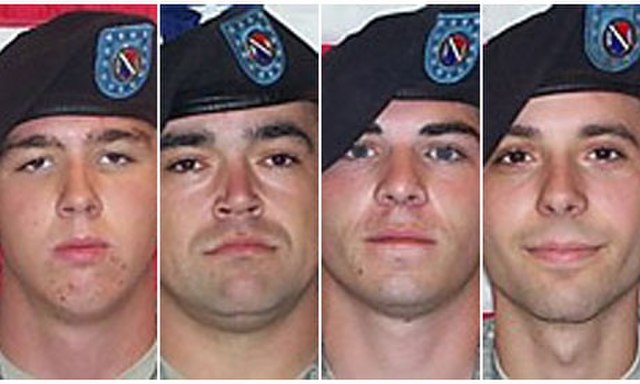 (L to R): Andrew Holmes, Michael Wagnon, Jeremy Morlock, and Adam Winfield – members of the Kill Team soldiers who are responsible for the murders.