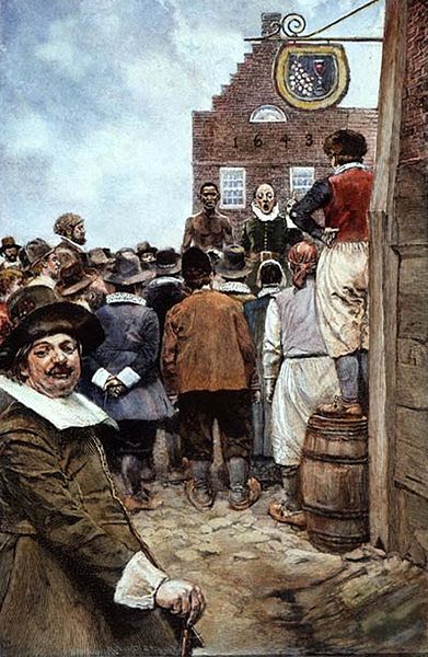 The first slave auction at New Amsterdam in 1655; illustration from 1895 by Howard Pyle