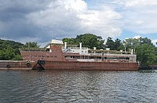 The Lila Acheson Wallace, in use from 1973 to 2003, moored in Kingston, NY in 2022 Floating Hospital final vessel Kingston 2022.jpg