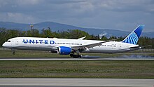 Boeing 787-10 landing at Frankfurt Airport in May 2023. Frankfurt Airport United Airlines Boeing 787-10 Dreamliner N14011 (DSC07721).jpg