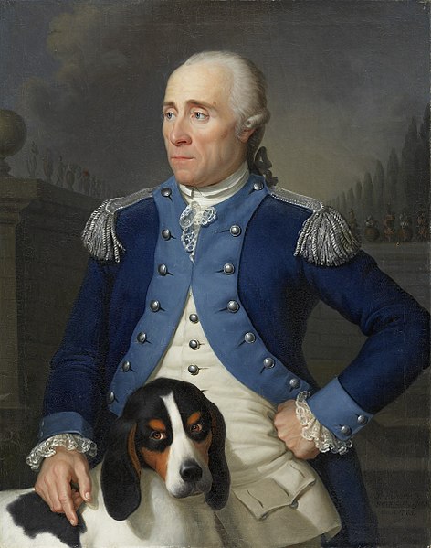 The Swiss patrician Franz Rudolf Frisching in the uniform of an officer of the Bernese Huntsmen Corps with his Berner Laufhund, painted by Jean Preudh