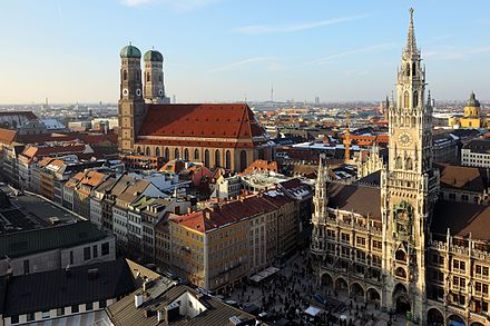 Munich city center with Frauenkirche (left) and Rathaus (town hall)