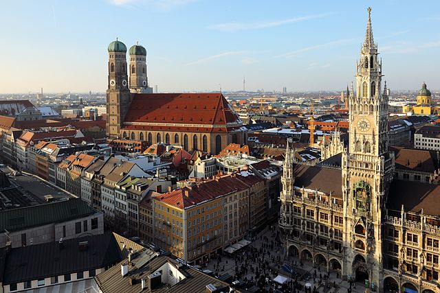 Munich with Frauenkirche (left) and Rathaus, Munich's town hall