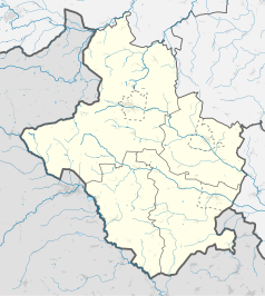 Mapa konturowa powiatu głubczyckiego, po prawej znajduje się punkt z opisem „Baborów”