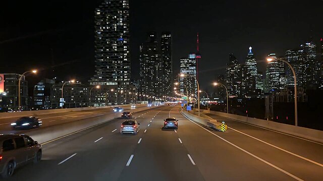 The Gardiner Expressway at night looking west in downtown Toronto, at the westbound off-ramp to Sherborne St. and Jarvis St.