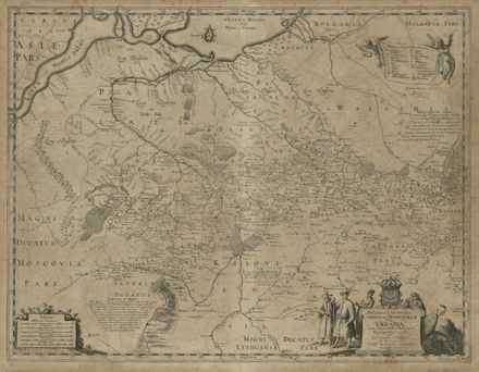 Latin: Delineatio Generalis Camporum Desertorum vulgo Ukraina (General Map of the Deserted Plains, commonly known as Ukraine), 1648. North is at bottom of map.