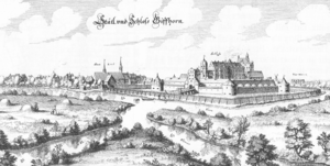 Merian-Kupferstich von Gifhorn 1654, rechts das schwer befestigte Schloss Gifhorn