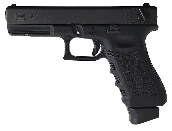 Glock 18, a fully-automatic machine pistol from the mid-1980s (The picture shown is the Glock 18C)