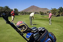 Golf clubs in a golf bag Golfers on green.jpg