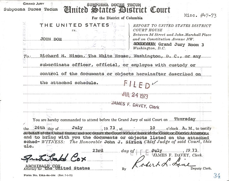 File:Grand Jury Subpoena Duces Tecum to Richard M. Nixon to Testify and Bring Documents or Objects Listed, with Attached Schedule of Documents or Objects to be Produced by or on Behalf of Richard M. Nixon - NARA - 7582824 (page 1).jpg