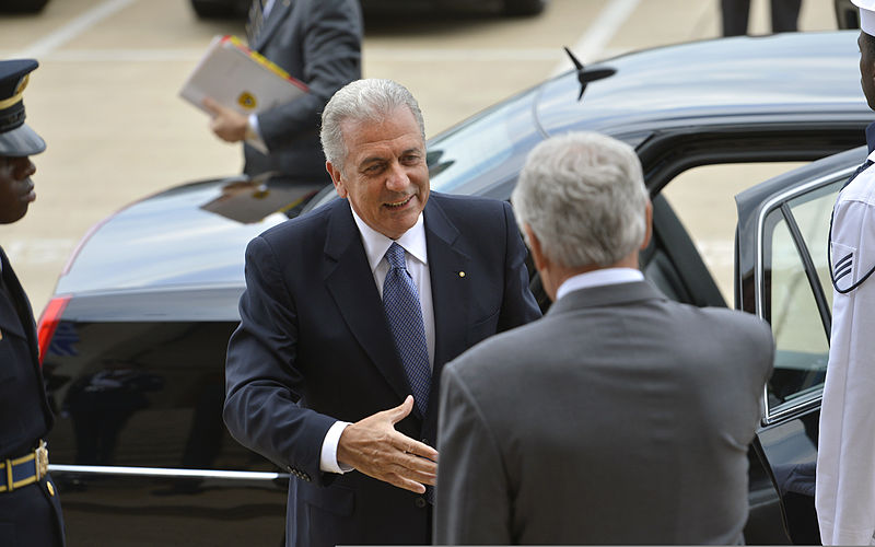 File:Greek Minister of National Defense Dimitris Avramopoulos, center left, exchanges greetings with Secretary of Defense Chuck Hagel after arriving at the Pentagon in Arlington, Va., July 30, 2013 130730-D-NI589-359.jpg