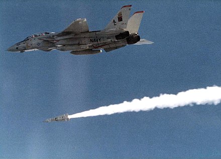 A Grumman F-14 Tomcat fighter aircraft firing an AIM-54 Phoenix air-to-air missile, 1982