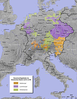 Duchy of Austria as part of the Habsburg dominions (orange) within the امپراتوری مقدس روم (black line), 14th century.