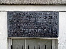 Plaque on Fishamble Street commemorating the first performance of Handel's Messiah Handel Plaque - 19 Fishamble Street Temple Bar Dublin 8.jpg