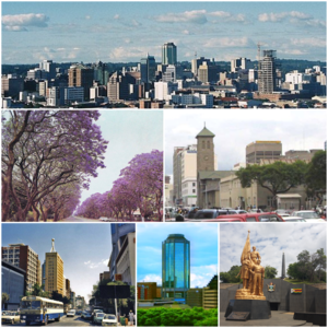Clockwise, from top: Harare skyline;  Jacaranda trees lining Josiah Chinamano Avenue; Parliament of Zimbabwe (front) and the Anglican Cathedral (behind); downtown Harare; New Reserve Bank Tower; Heroes Acre monument