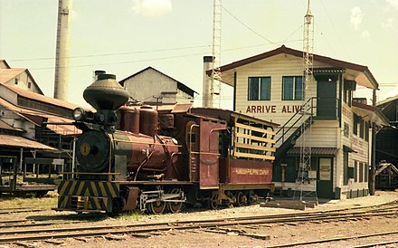 Hawaiian-Philippine Company Locomotive No. 1 in year 1984 at the Hawaiian-Philippine Company, one of the oldest sugar centrals in the province which is still operational in the present. It is the only mill in the country still hauling sugarcane using a steam locomotive.