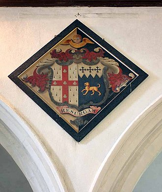 Hatchment to John Weyland, Esquire, of Woodrising, Norfolk, in Holy Trinity Church, Scoulton, Norfolk, who on 12 March 1799 married Elizabeth Keene, daughter and heiress of Whitshed Keene. Arms: Ermine, on a cross gules five escallops argent (Weyland) impaling: Azure, a talbot passant or on a chief indented argent three crosses-crosslet sable (Keene) Holy Trinity Church, Scoulton, Norfolk - Hatchment - geograph.org.uk - 934620.jpg