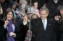 George W. Bush displays the Hook 'em Horns. Hook em bush.jpg