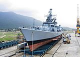 INS Delhi docked using the shiplift system at Naval Ship Repair Yard at INS Kadamba (Karwar).