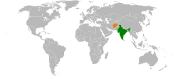 Map indicating locations of India and Afghanistan