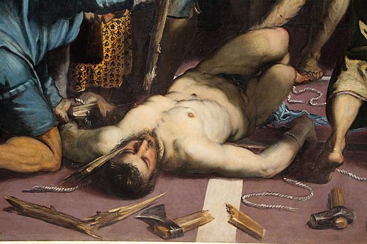 Peinture d'un homme nu couché sur le dos, qui subit diverses tortures.