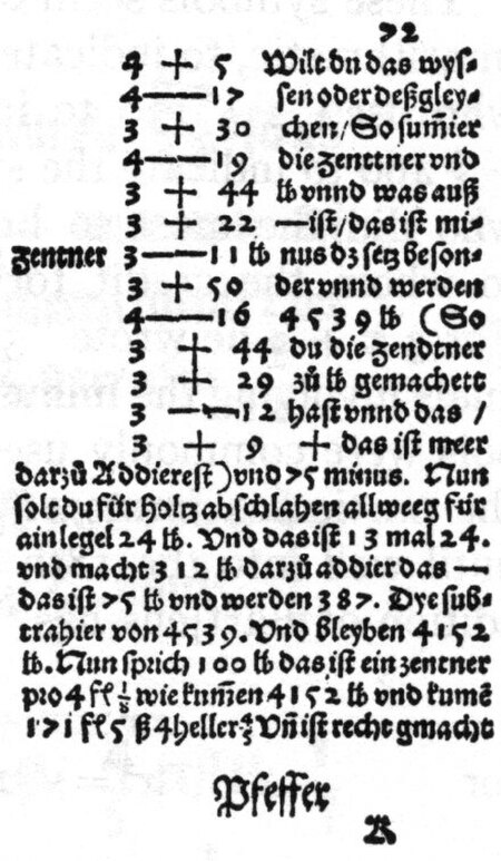 From Johannes Widmann's book on "handy and pretty arithmetic for all merchants"