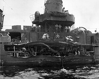 The kamikaze damage sustained in 1945. Kamikaze damage of USS J. William Ditter (DM-31) in June 1945.jpg