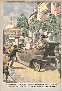 Supplément illustré du Petit Journal du 12 juillet 1914 représentant l'assassinat du 28 juin 1914 de l'archiduc François-Ferdinand et de sa femme la duchesse de Hohenberg, à Sarajevo. (définition réelle 3 422 × 5 052)