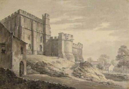 A watercolour by Thomas Hearne from 1778 of the west of Lancaster's keep. The round tower next to the keep was demolished in 1796.