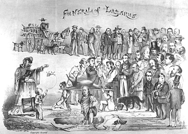 A fanciful depiction of Norton dressed as the Pope at the funeral of the itinerant dog Lazarus