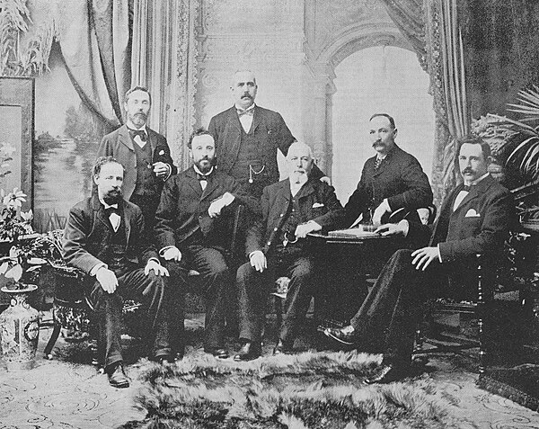 New Zealand Liberal–Labour MPs, 1896. Back; William Tanner, Arthur Morrison, John A. Millar. Front; William Earnshaw, James Kelly, David Pinkerton, Li