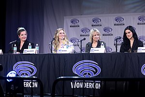 Lead voice actors: Lindsay Jones (voice of Ruby Rose), Barbara Dunkelman (voice of Yang Xiao Long), Kara Eberle (voice of Weiss Schnee) and Arryn Zech (voice of Blake Belladonna) at WonderCon 2023 Lindsay Jones, Barbara Dunkelman, Kara Eberle & Arryn Zech (52780016542).jpg