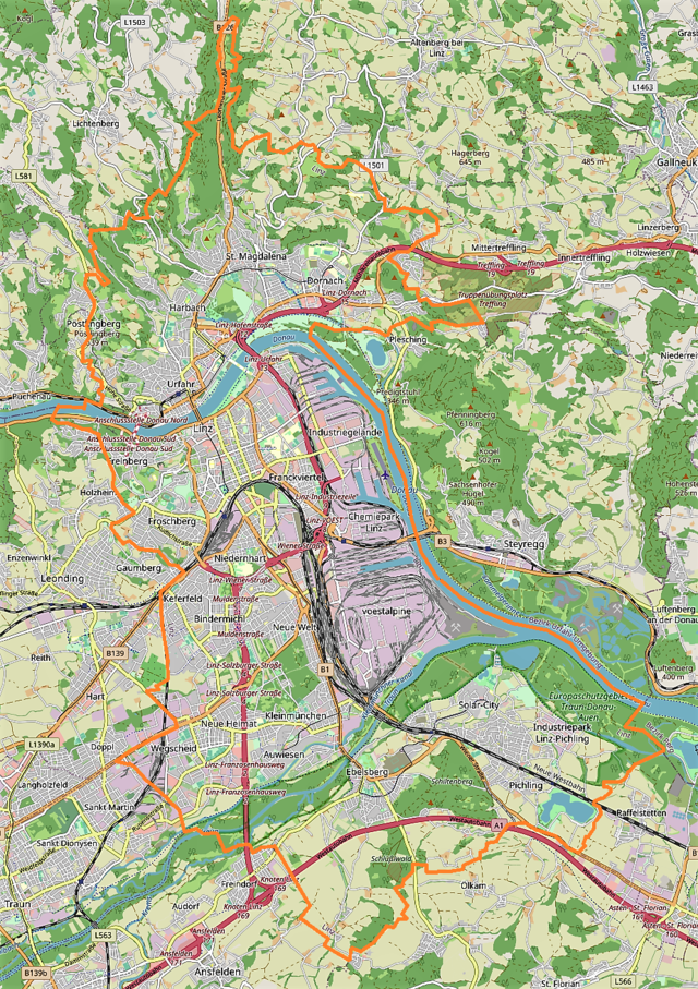 Mapa konturowa Linzu, po lewej znajduje się punkt z opisem „Katedra Niepokalanego Poczęcia Najświętszej Maryi Panny w Linzu”