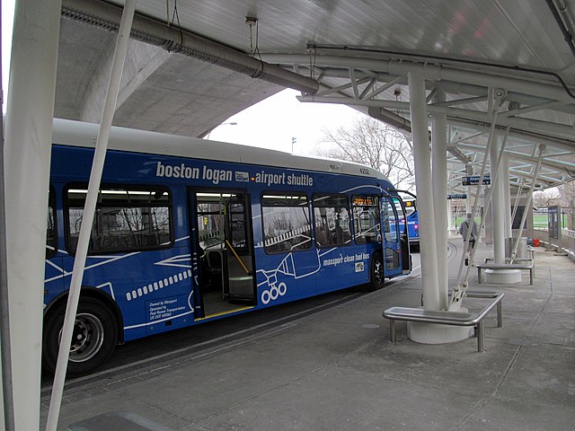 A Logan Airport shuttle bus on route 22, which serves Terminals A and B, in the busway at Airport station