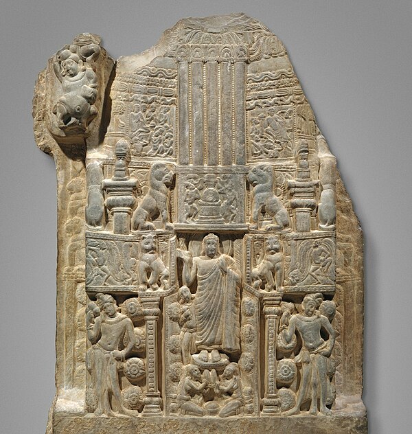 Drum panel depicting a stupa with the Buddha's descent from Trāyastriṃśa heaven, second half 3rd century.