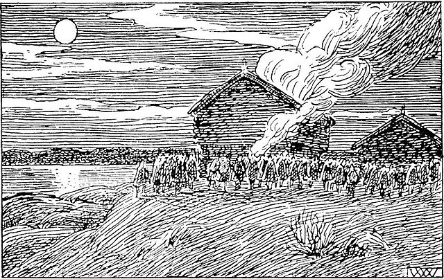 Erling Skakke burns the house of a supporter of Sigurd Markusfostre as imagined by artist Wilhelm Wetlesen in the 1899 edition of Heimskringla