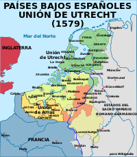 Mapa de los Países Bajos españoles, la Unión de Utrecht y la Unión de Arrás.