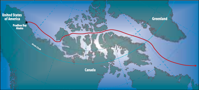Map of the route followed by the US ship SS Manhattan in 1969.