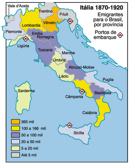 Italian immigrants who immigrated to Brazil by Italian region. Brazil has the largest population of Italian origin outside Italy. 42% of the Italians in Brazil came from Italian north, 36% from Central Italy regions, and 22% from Southern Italy.[102]