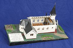 Model of Whalers Church in Grytviken, exhibit at Sandefjord Museum.