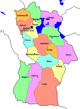Districts of Khovd Province Mongolia Khovd sum map.png