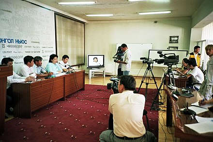 Mongolian media interviewing the opposition Mongolian Green Party in 2008. The media has gained significant freedoms since democratic reforms initiated in the 1990s.