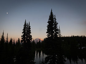 Mt Adams at dusk as seen from the Pacific Crest Trail with Sheep Lake in the foreground