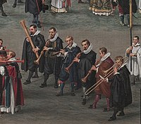 Musicians from 'Procession in honour of Our Lady of Sablon in Brussels.' Early 17th-century Flemish alta cappella. From left to right: bass dulcian, alto shawm, treble cornett, soprano shawm, alto shawm, tenor sackbut. Musicians from 'Procession in honour of Our Lady of Sablon in Brussels'.jpg