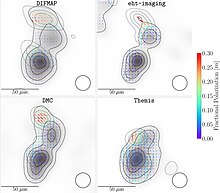 NRAO 530 by EHT. The total intensity is shown in grayscale with black contours indicating 10%, 25%, 50%, and 75% of the peak LP intensity. Black dotted contours indicate 25%, 50%, and 75% of the peak polarized intensity. NRAO 530 by EHT 01.jpg