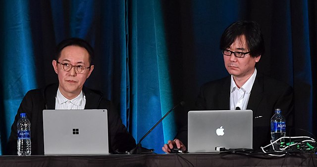 Sonic's character designer Naoto Ohshima (left) with level designer Hirokazu Yasuhara at the 2018 Game Developers Conference